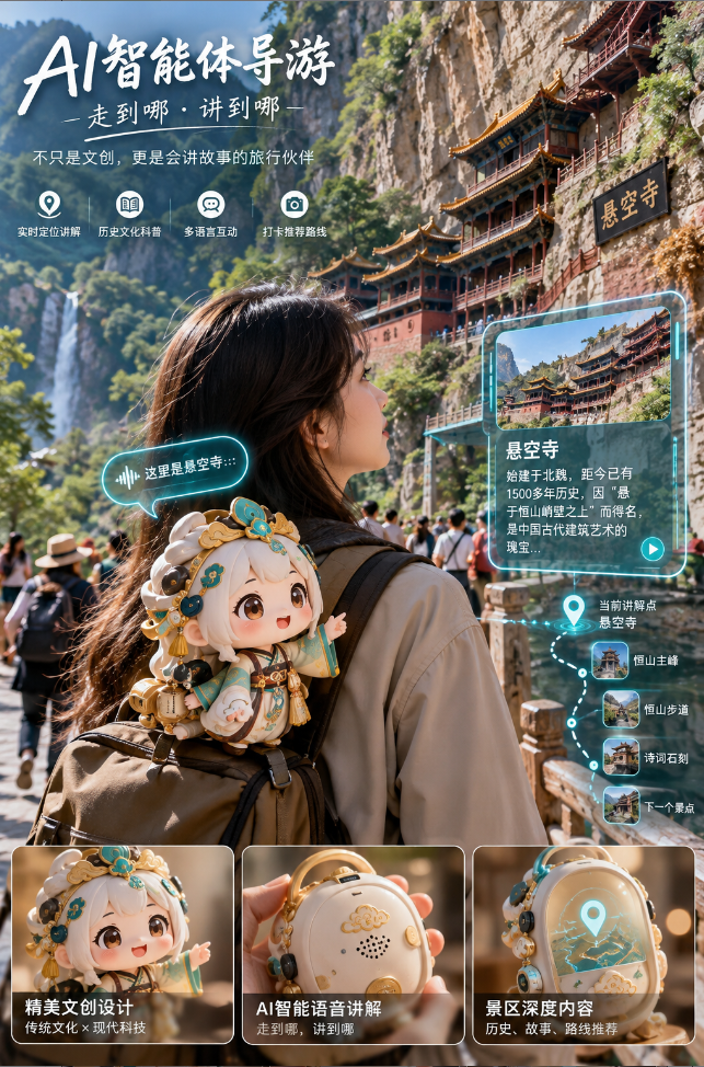 文创 AI 对话引导概念海报:游客携带文创形象游览,在景点听讲解并进行语音互动。点击查看完整海报。
